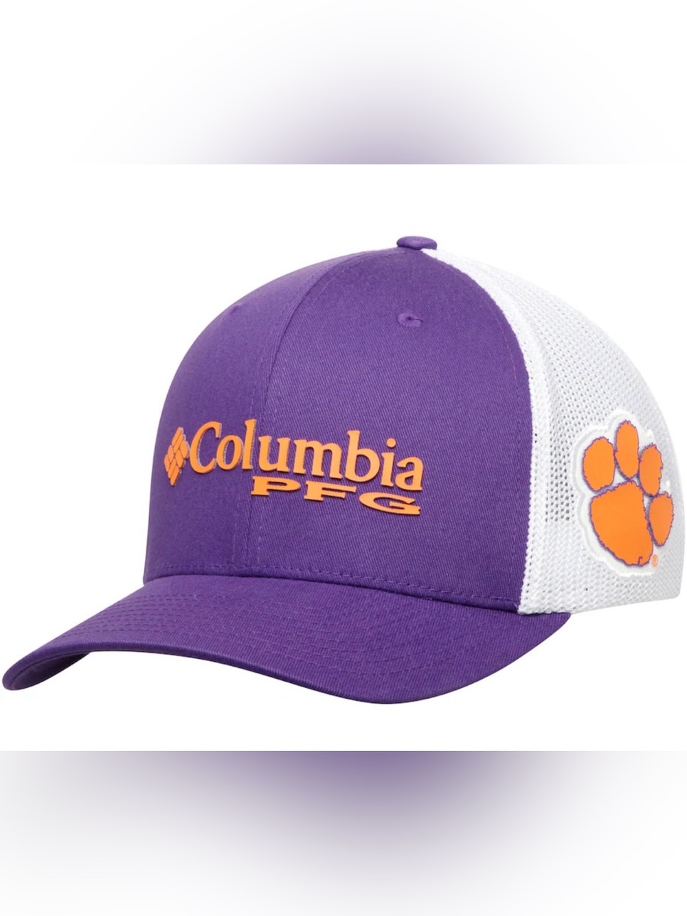 Columbia PFG Clemson Tigers Mesh Trucker Hat Purple White Flexfit L/XL New